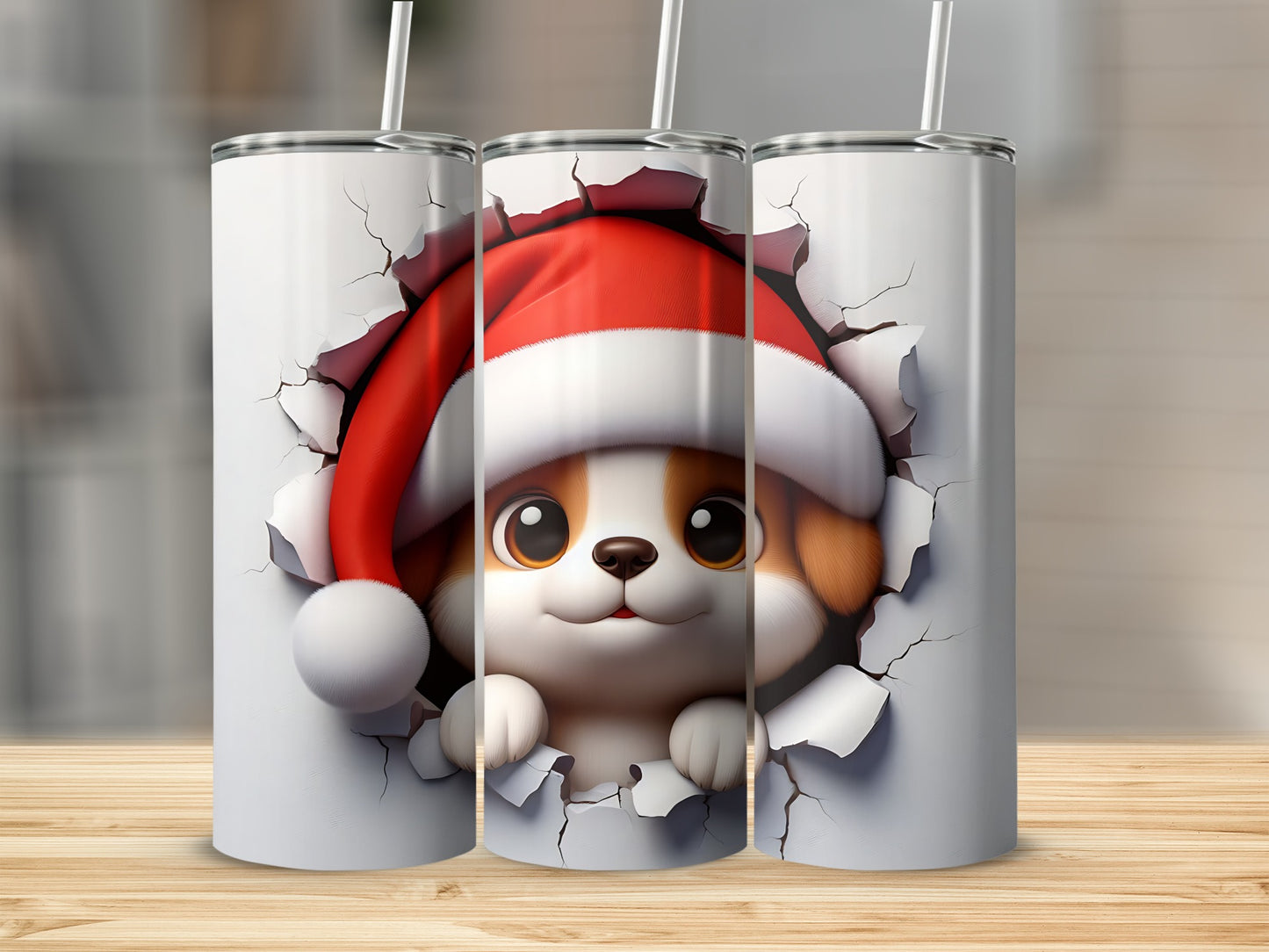 Cute puppy in Santa hat peeking through ripped paper, on a tumbler.
