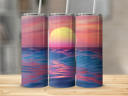 Three tumblers display a sunset over rippling ocean waves.