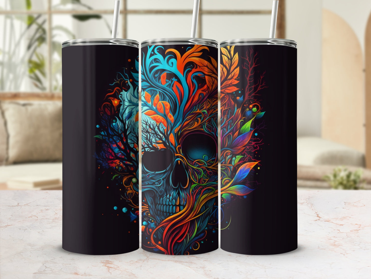 Colorful Skull with Floral Details Tumbler Cups