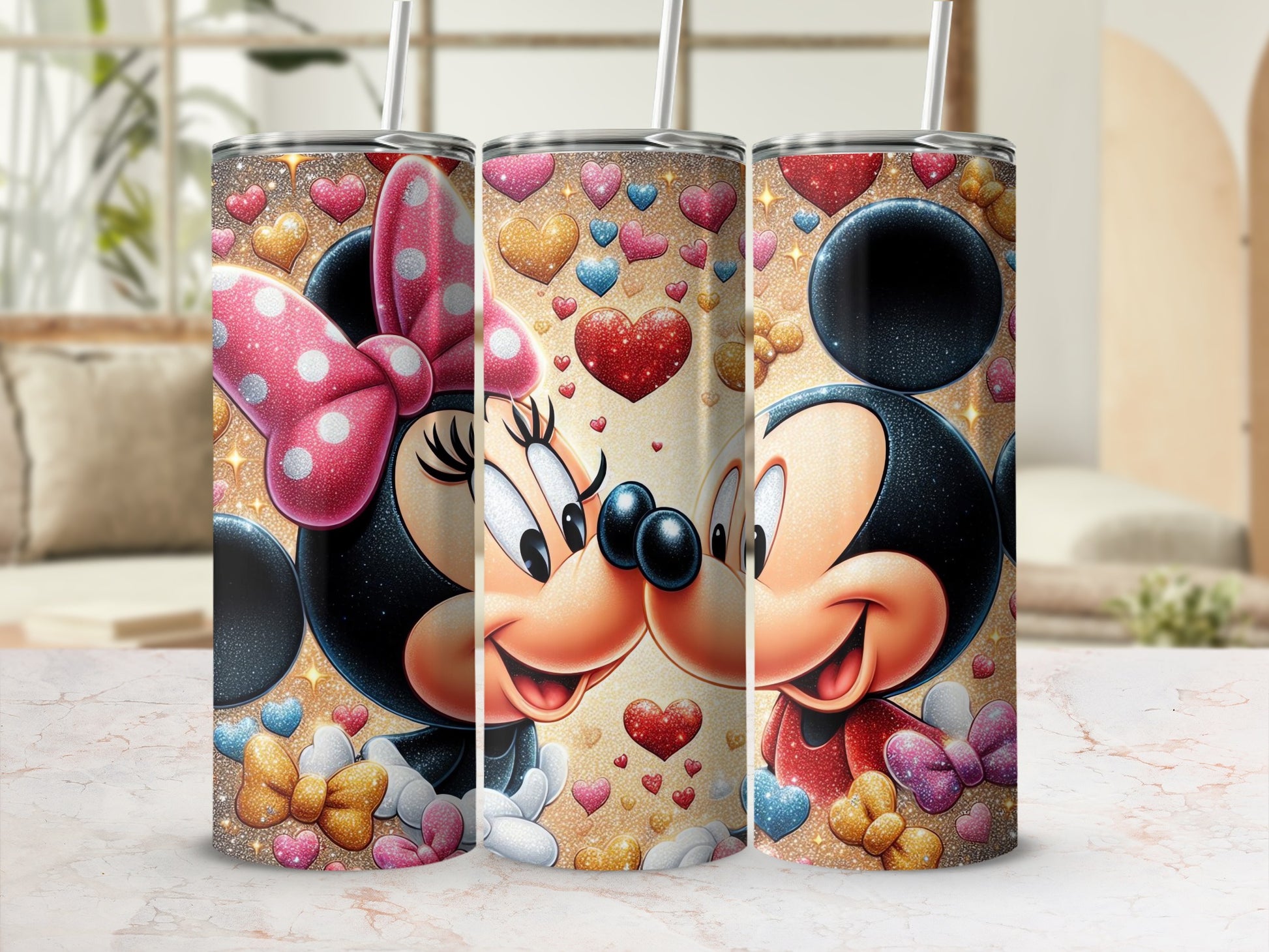 Adorable Mickey and Minnie Hearts Design Tumbler Set