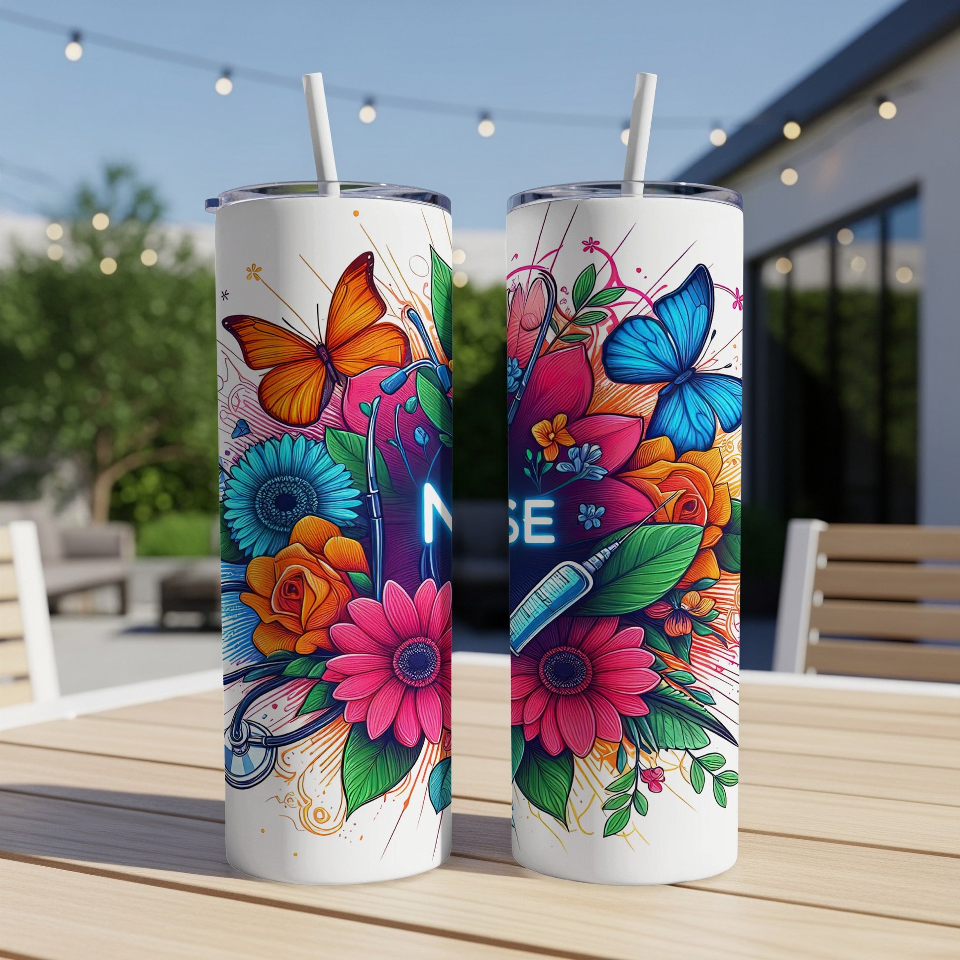 White tumbler with floral and butterfly design, "Nurse" text.