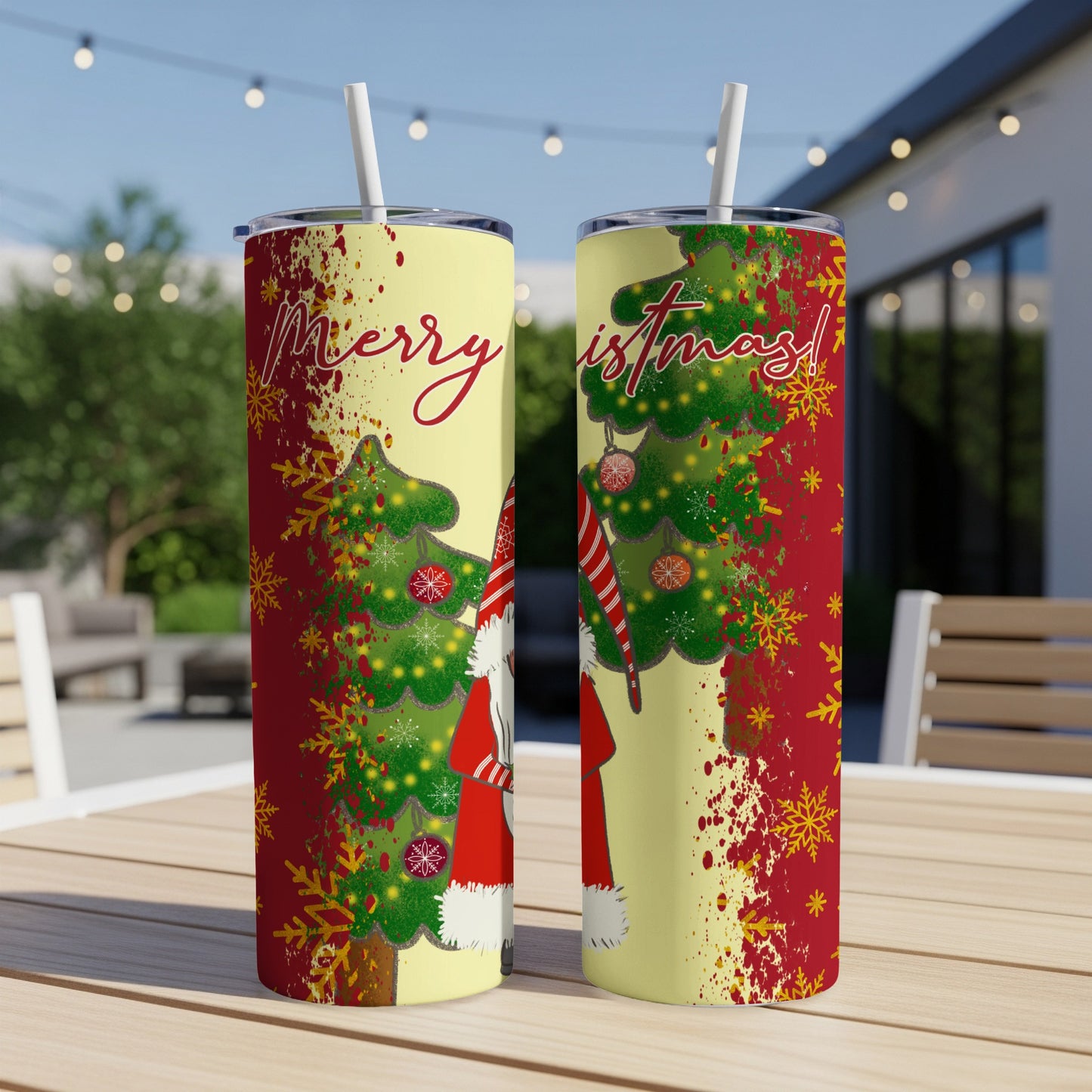 Two tumblers featuring Santa, Christmas tree, and "Merry Christmas!" text.