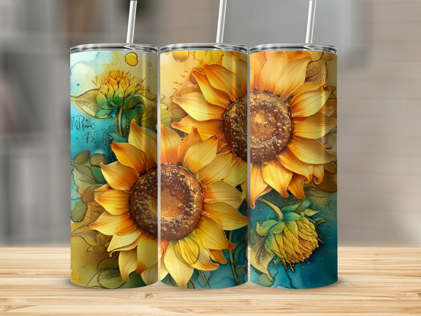 Three tumblers decorated with vibrant sunflowers and watercolor splashes.