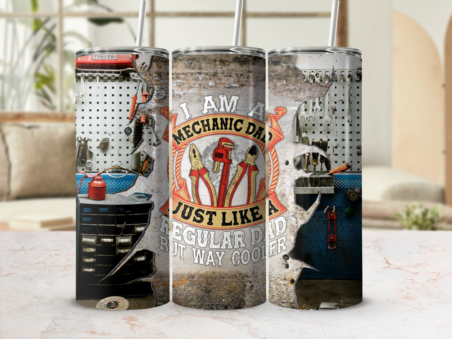 Mechanic Dad tumbler with tools and text "I Am A Mechanic Dad Just Like A Regular Dad But Way Cooler".