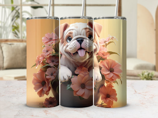 Cute Bulldog Puppy Floral Blush Orange Happy product type
Bulldog, Puppy, Dog, Floral, Flowers, Cute, Happy, Smiling, Blush, Orange, Peach, Tan, Pet, Animal, Tumbler, Drinkware, Gift, Custom, Unique, Design