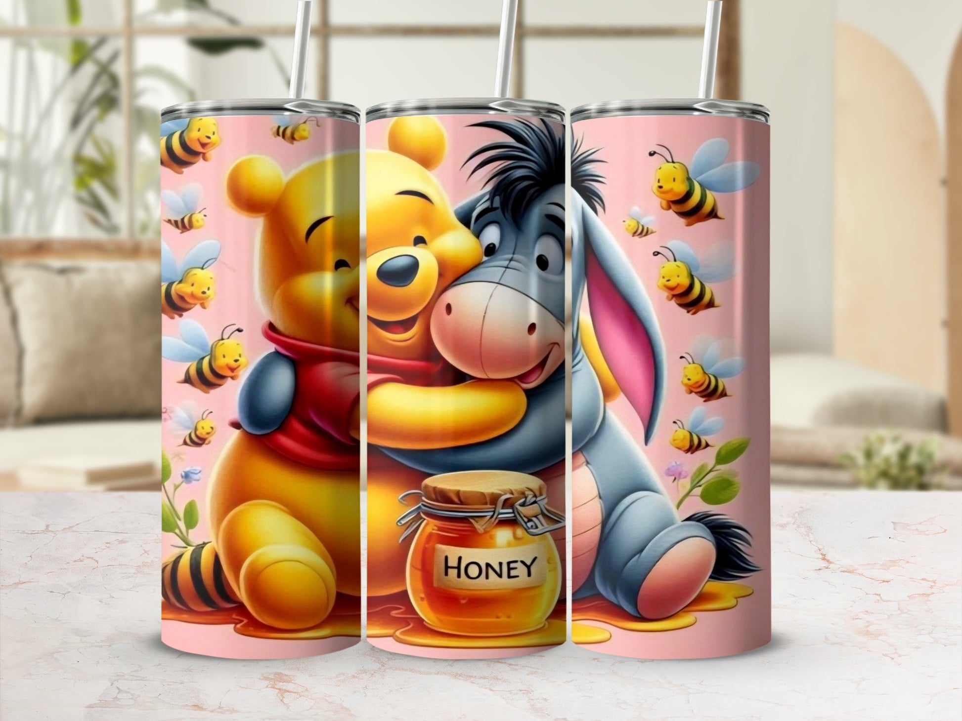 Cute Pooh and Eeyore Design Honey Bee Themed Tumblers