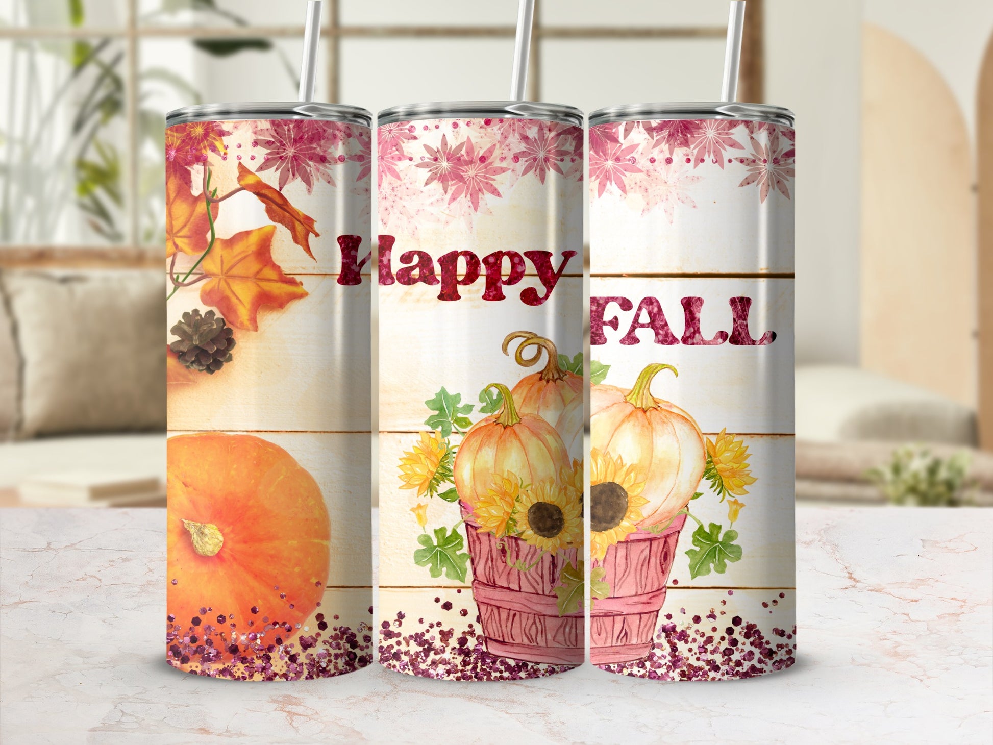 Fall tumbler with pumpkins, sunflowers, and leaves.