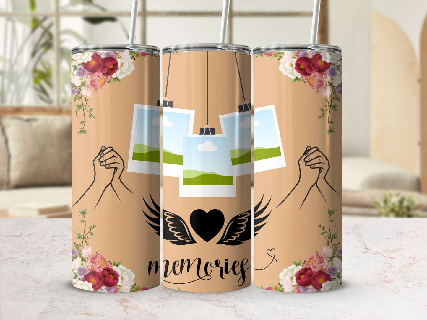 Tumbler with floral accents, clasped hands, photos, and the word "memories".
