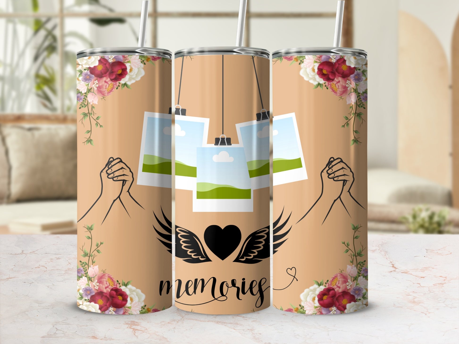Tumbler with floral accents, clasped hands, photos, and the word "memories".