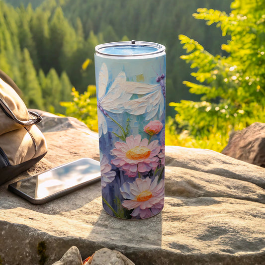 Dragonfly Flowers Impasto Art Tumbler Outdoor Drinkware product type
Tumbler
Dragonfly design
Floral print
Impasto art
Textured art
Outdoor theme
Travel mug
Drinkware
Nature inspired
Artistic tumbler
Daisy flowers
Pink flowers
Blue background
Purple dragonfly
Unique gift
Summer vibes
Custom print
Insulated cup
Meadow art
Beautiful design