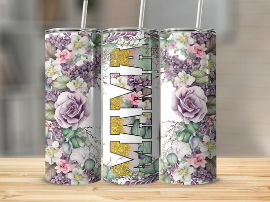 Floral tumbler with "Wife" in gold glitter lettering.