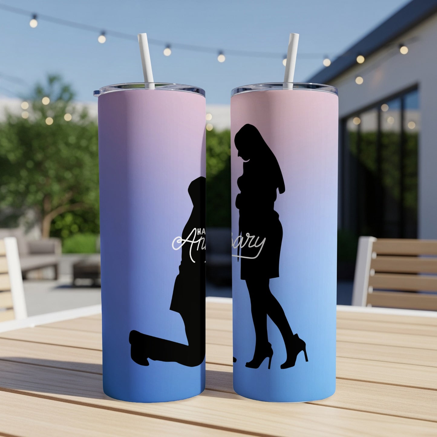 Two tumblers with a proposal silhouette and "Happy Anniversary" text.