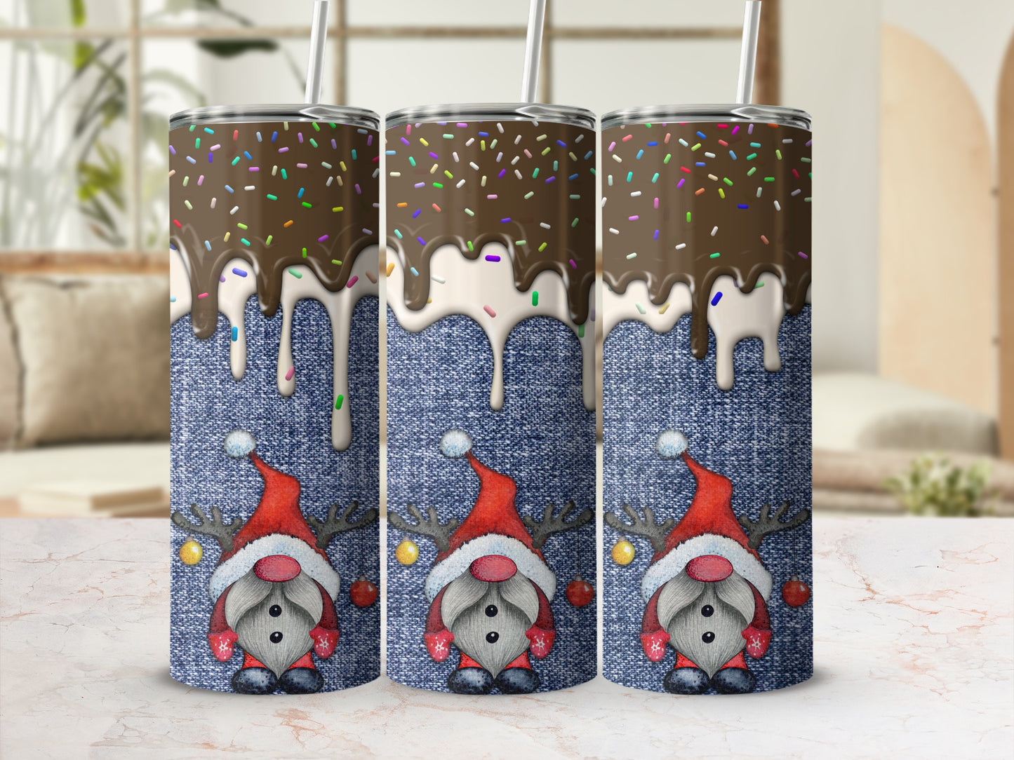 Three tumblers with a denim texture, gnome design, and chocolate drizzle with sprinkles.