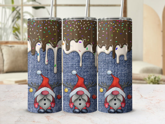 Three tumblers with a denim texture, gnome design, and chocolate drizzle with sprinkles.