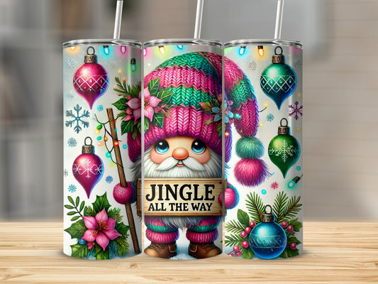 Three Christmas-themed tumblers with a gnome, ornaments, and "Jingle All The Way".