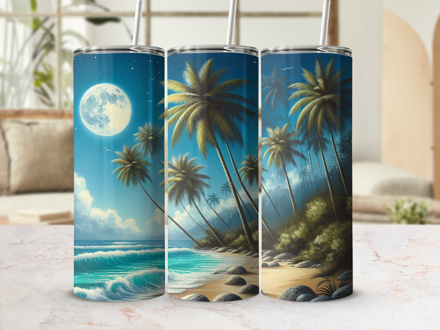 Three tumblers with a beach and full moon scene.