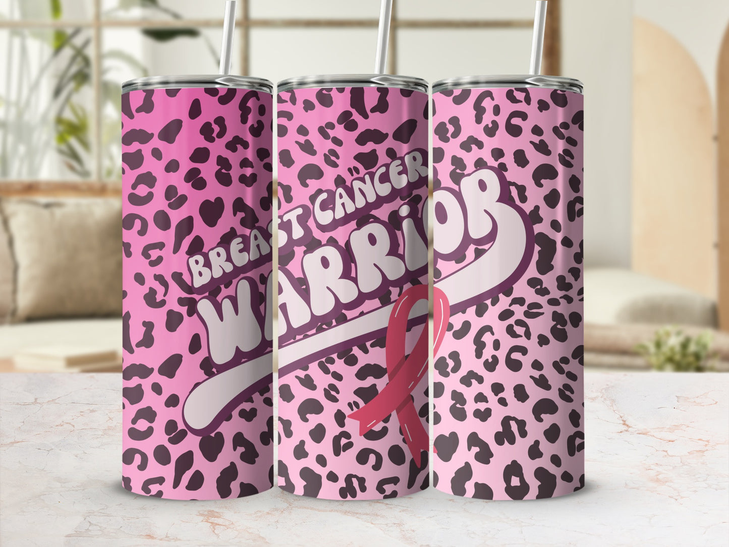 Pink leopard print tumbler with "Breast Cancer Warrior" text and pink ribbon.
