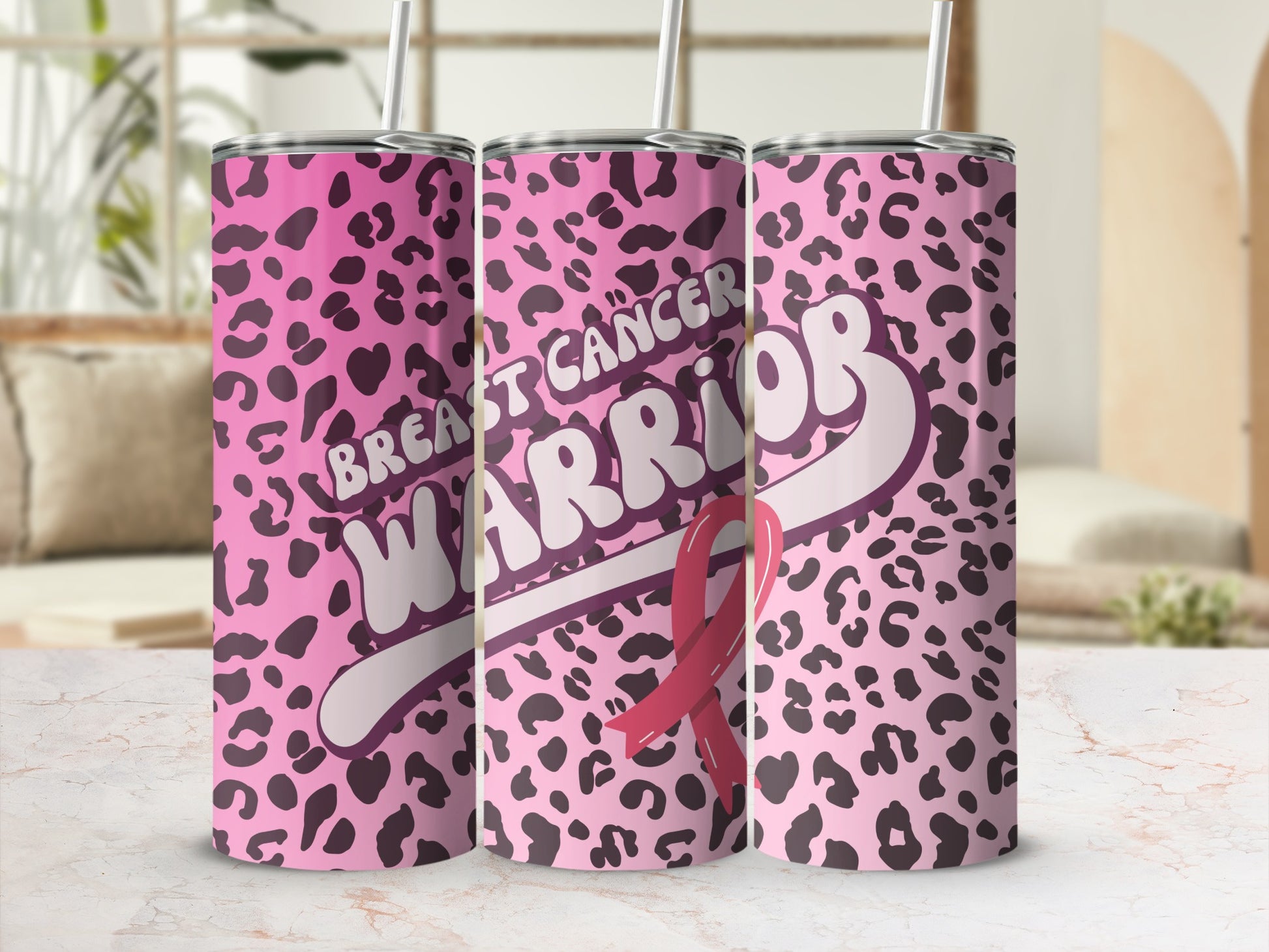 Pink leopard print tumbler with "Breast Cancer Warrior" text and pink ribbon.