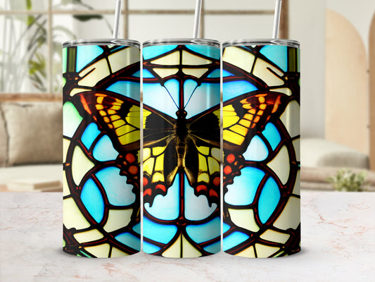 Three tumblers with stained glass butterfly design.