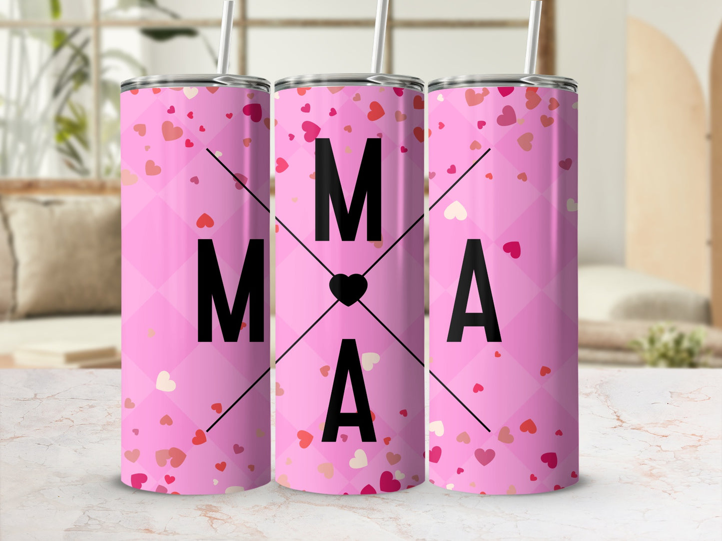 Pink MAMA Tumbler with Heart Pattern Design
