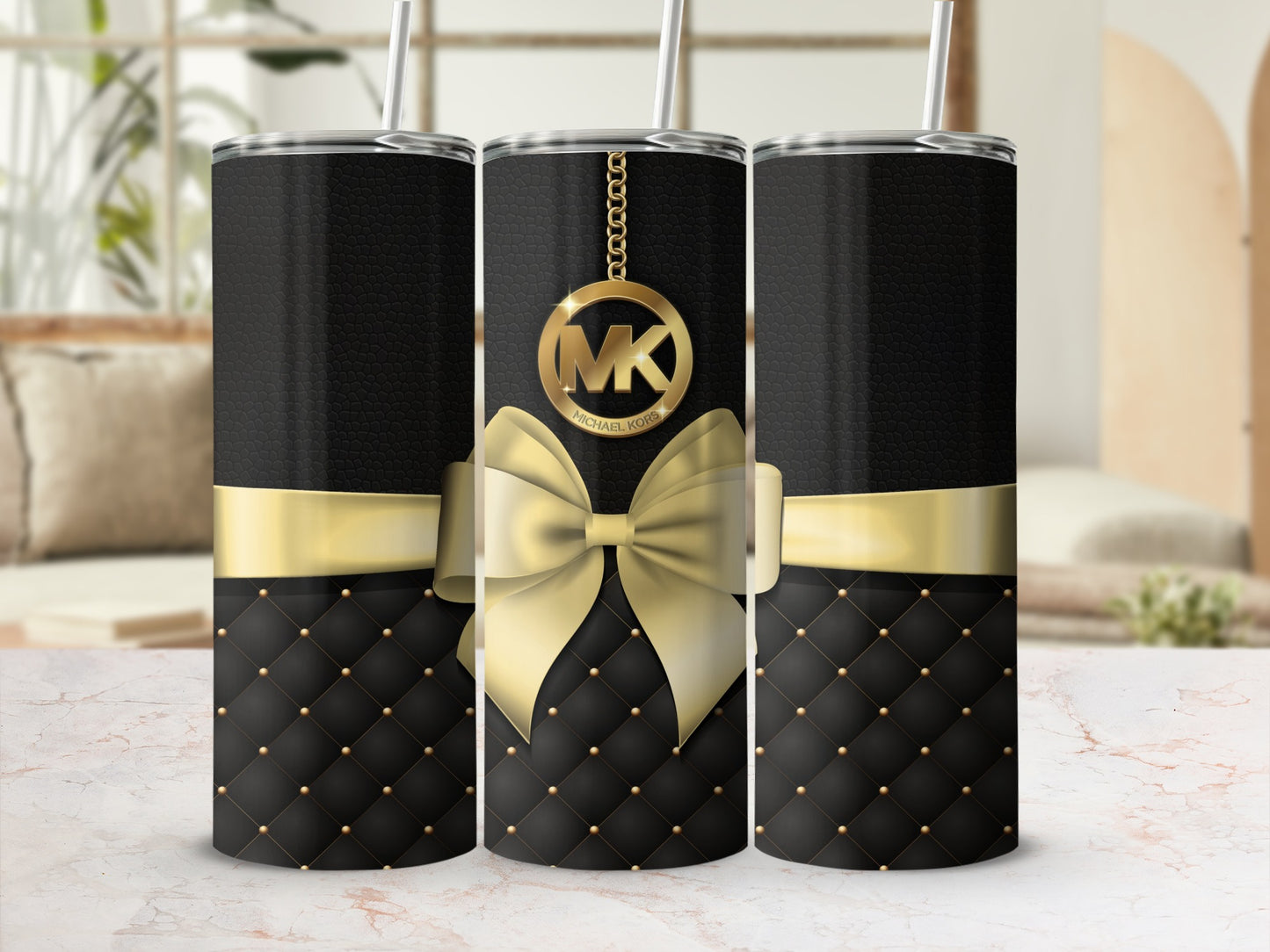 Elegant Black and Gold Quilted Tumbler with Bow Design