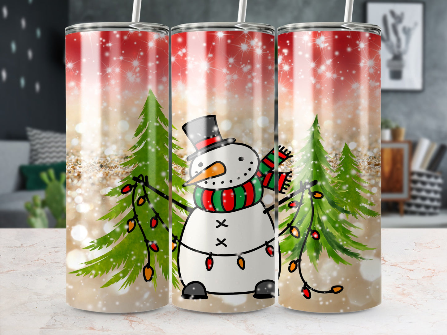 Snowman with colorful Christmas lights and festive trees on a sparkling background.