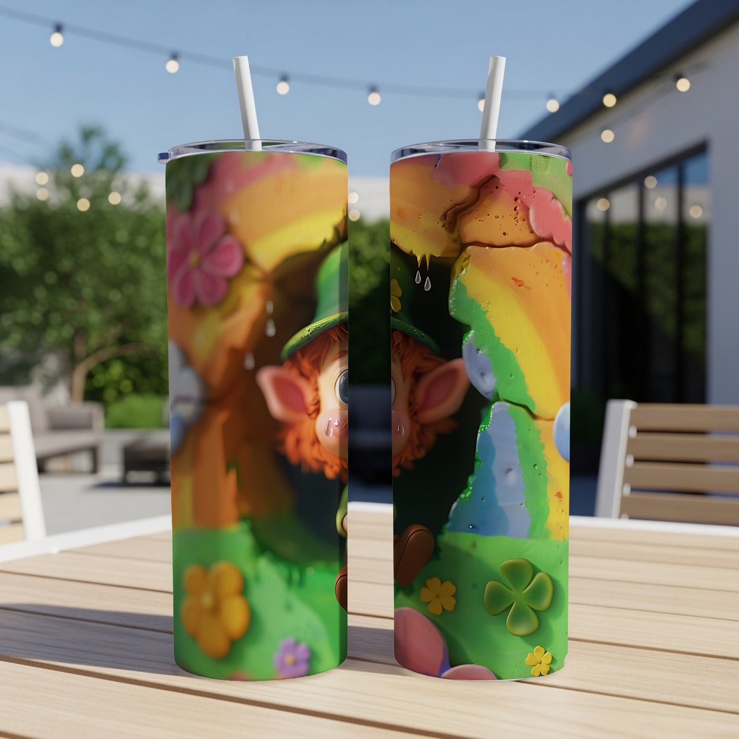Leprechaun character on St. Patrick's Day themed tumblers with rainbow and clover designs.