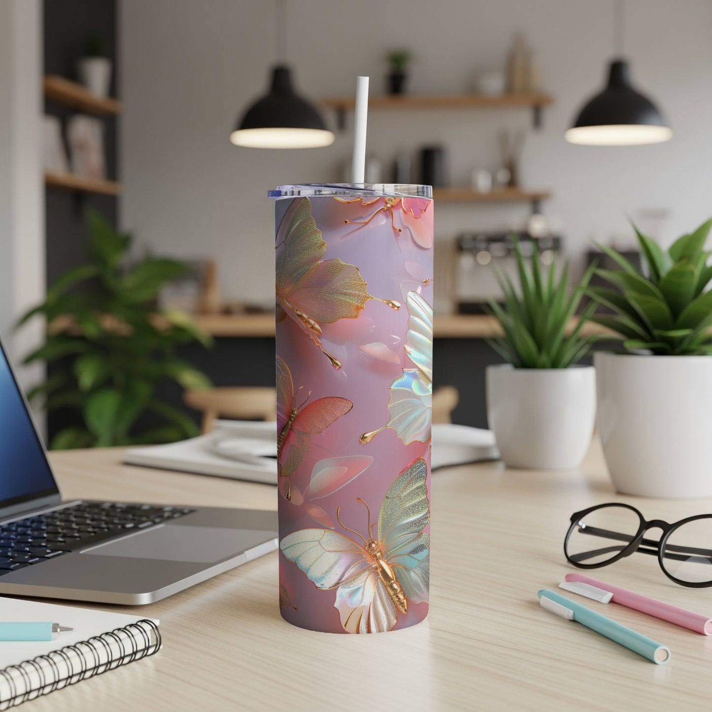 Tumbler with iridescent butterflies and floral design.