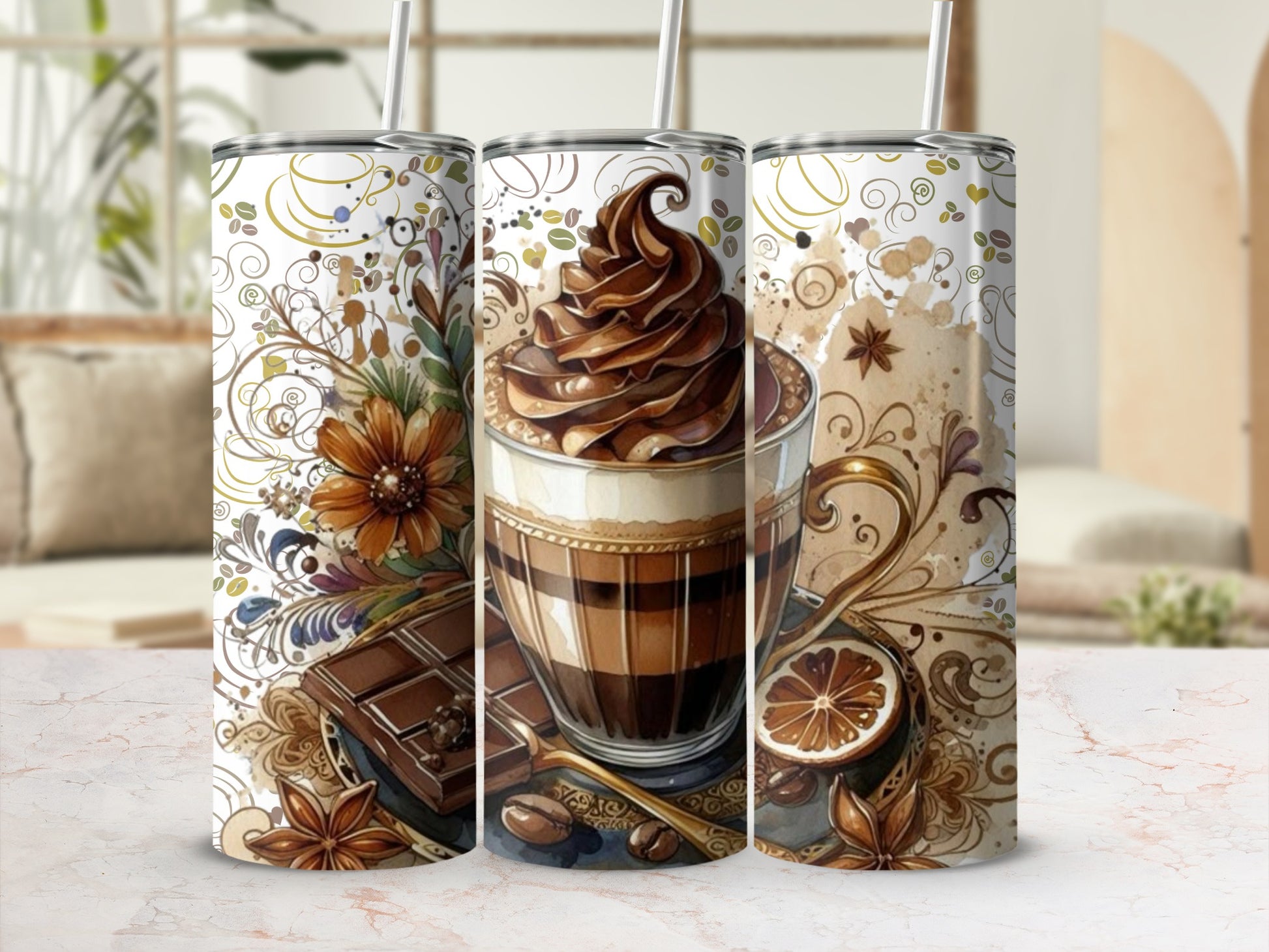 Exquisite Coffee and Floral Themed Tumbler Stainless Steel