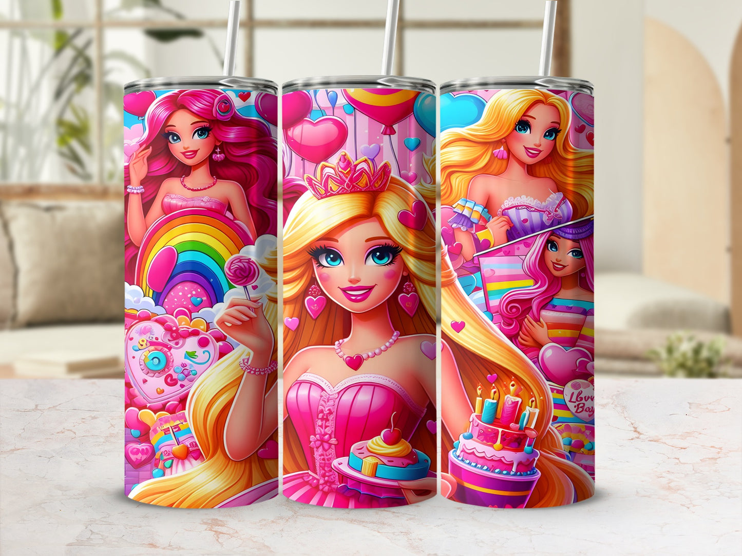 Three tall tumblers with cartoon princesses, cakes, and rainbows.
