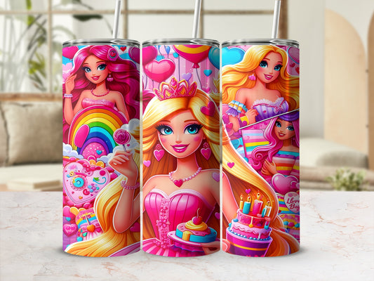 Three tall tumblers with cartoon princesses, cakes, and rainbows.