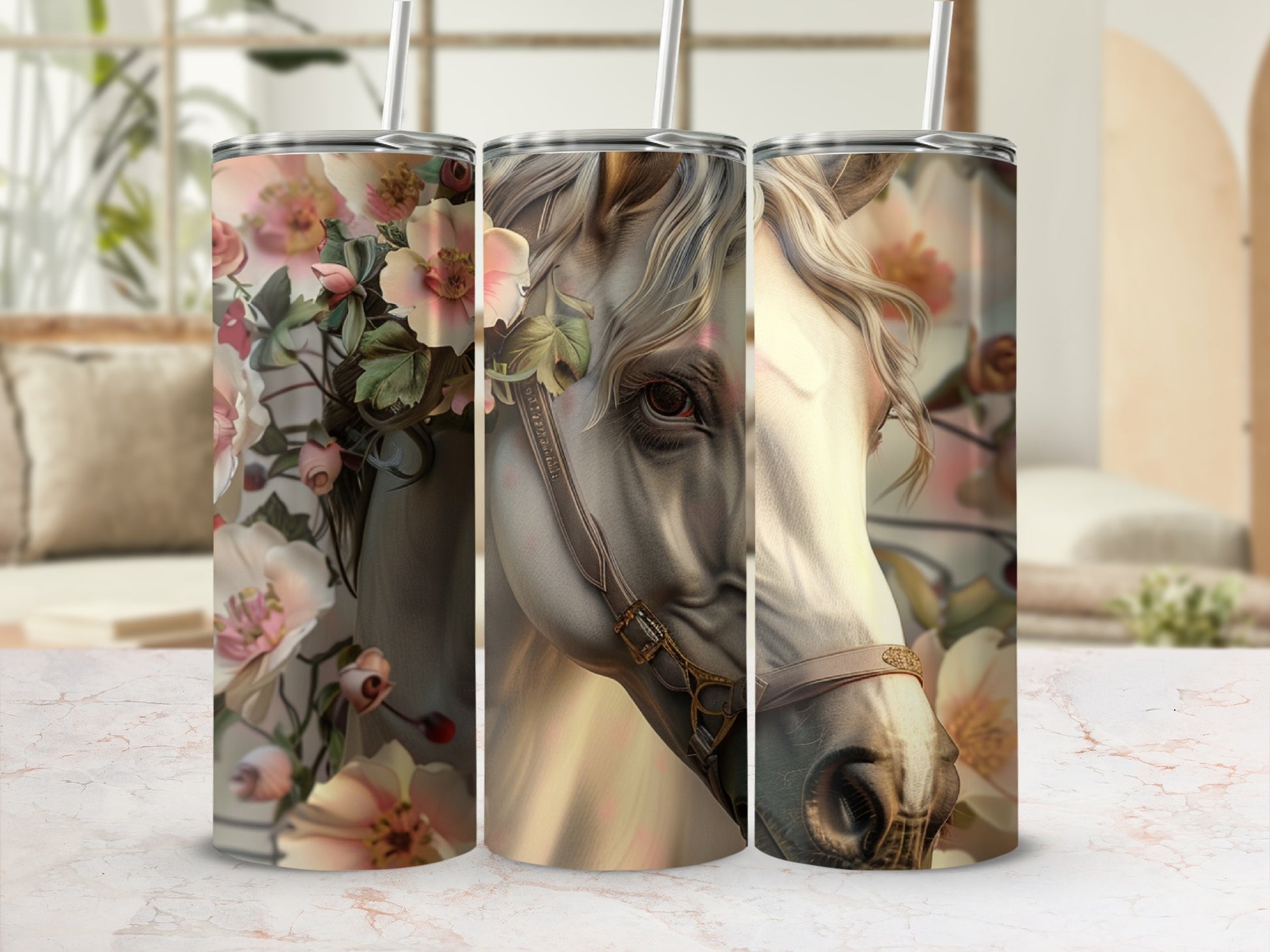 Triptych of a horse's head with floral accents on tumblers.