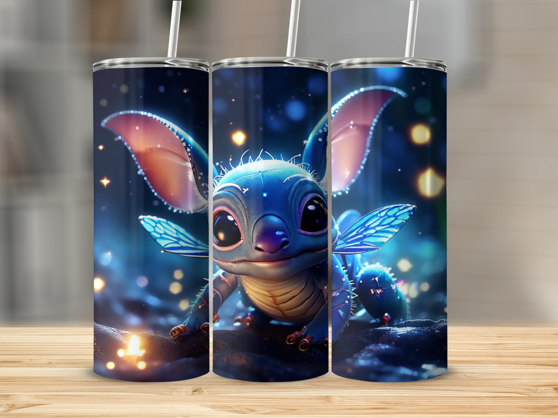 Blue alien creature with large ears and butterfly wings on a tumbler.