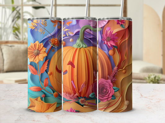 Three tumblers featuring fall harvest designs and a pumpkin with a jack-o'-lantern face.