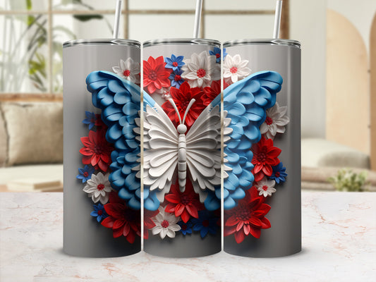 Three silver tumblers with a patriotic butterfly and floral design.