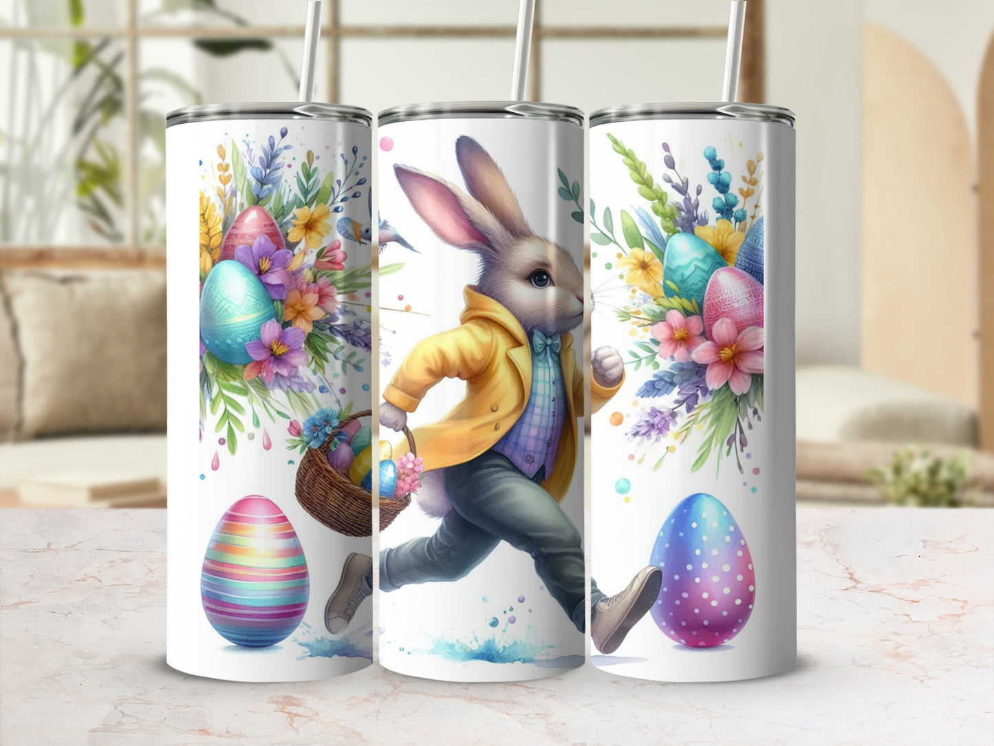 Easter bunny with basket and colorful eggs, watercolor style.