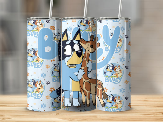 Bluey and Bingo characters with giraffe on light blue patterned tumbler.