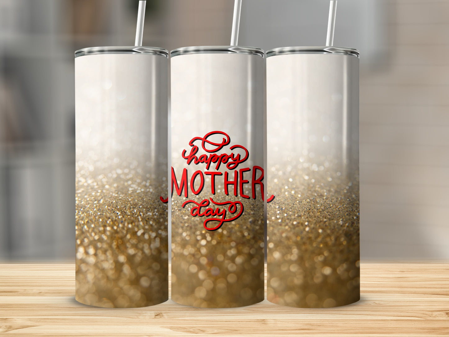 Three tumblers with a gold glitter gradient and "Happy Mother's Day" text.