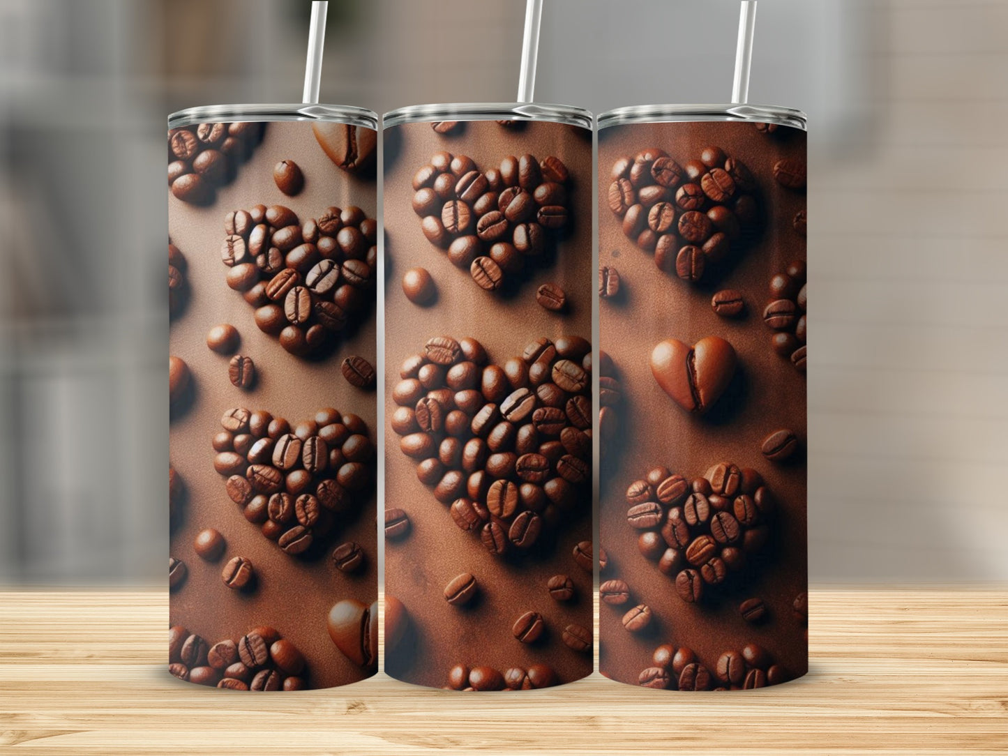 Three tumblers featuring a heart pattern made of coffee beans.