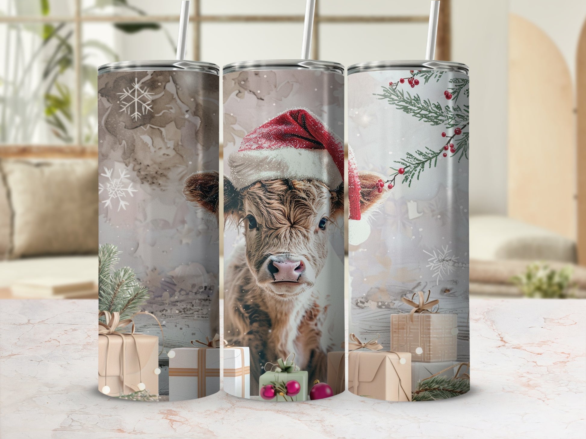 Festive Christmas Cow Design Tumbler Holiday Gift