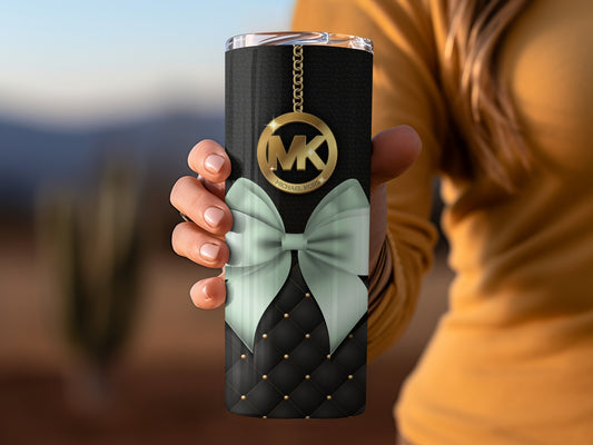 Black Tumbler With Leather Texture and Mint Bow Design