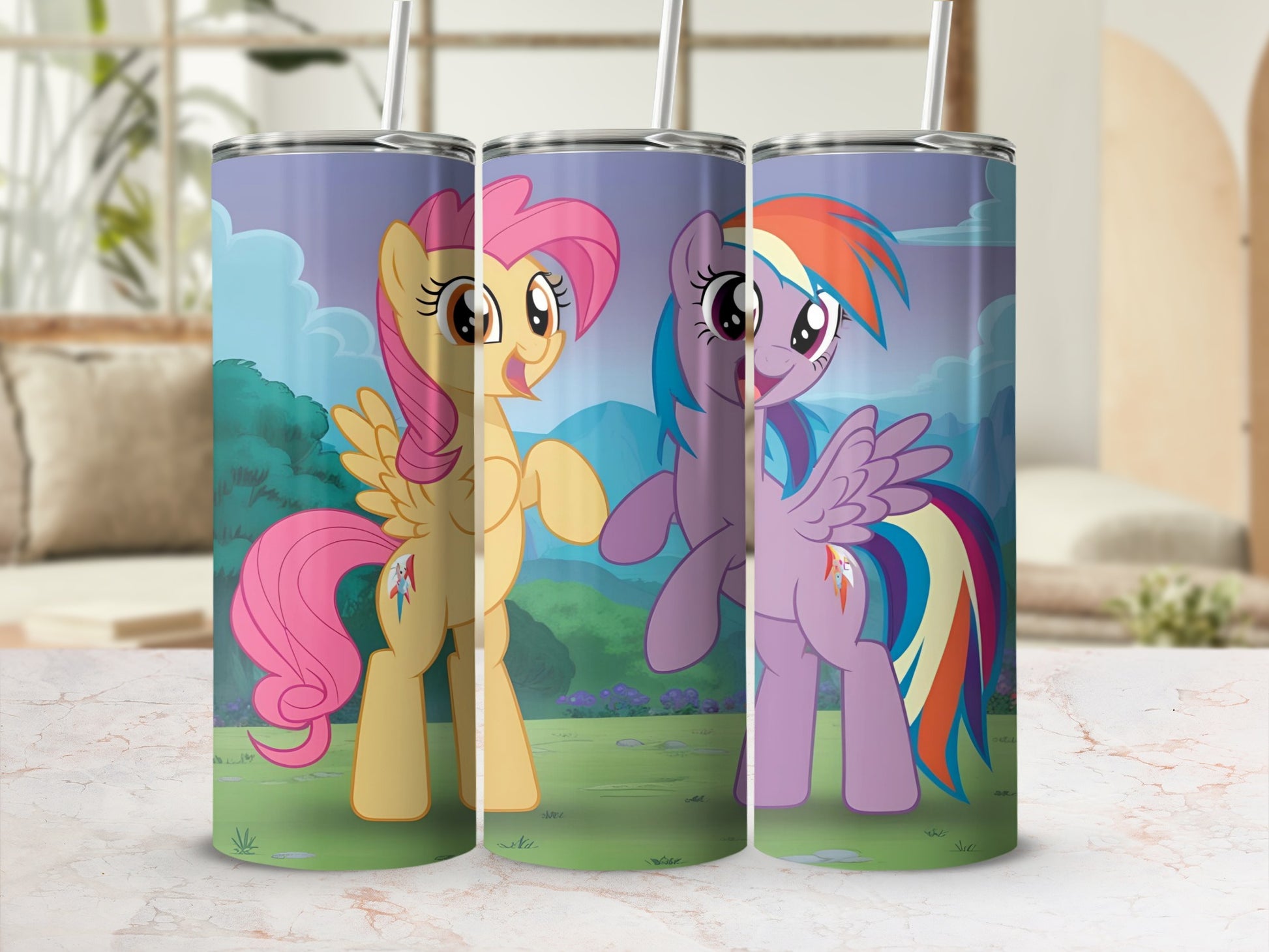 Two My Little Pony characters, Fluttershy and Rainbow Dash, on tumblers.