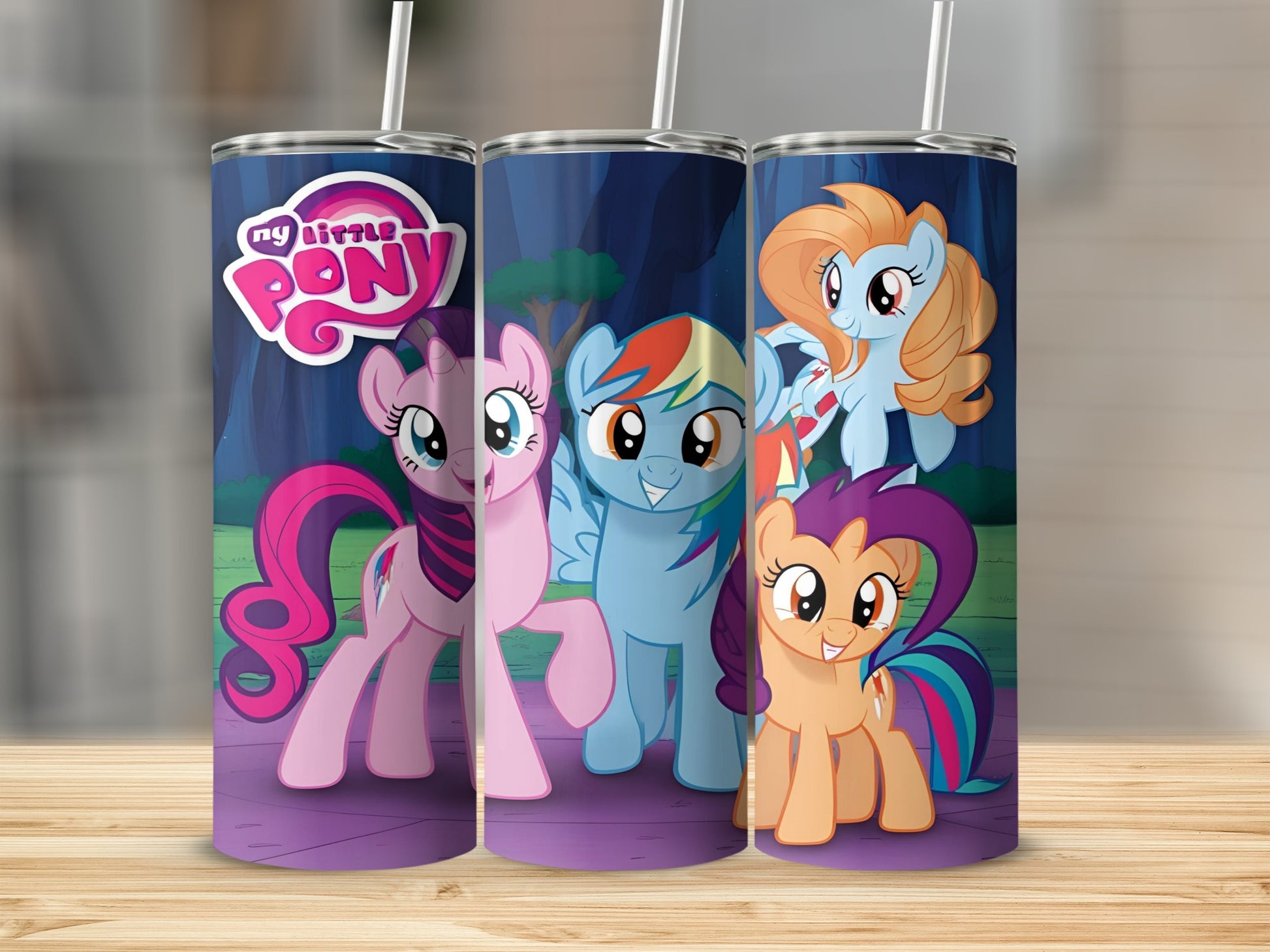 My Little Pony characters on a blue background.