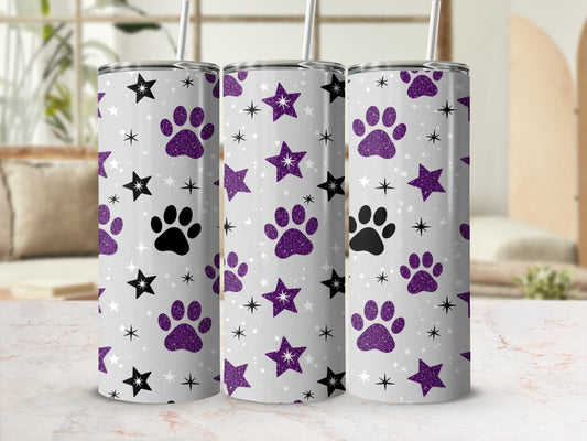 Three tumblers with paw prints and star pattern.