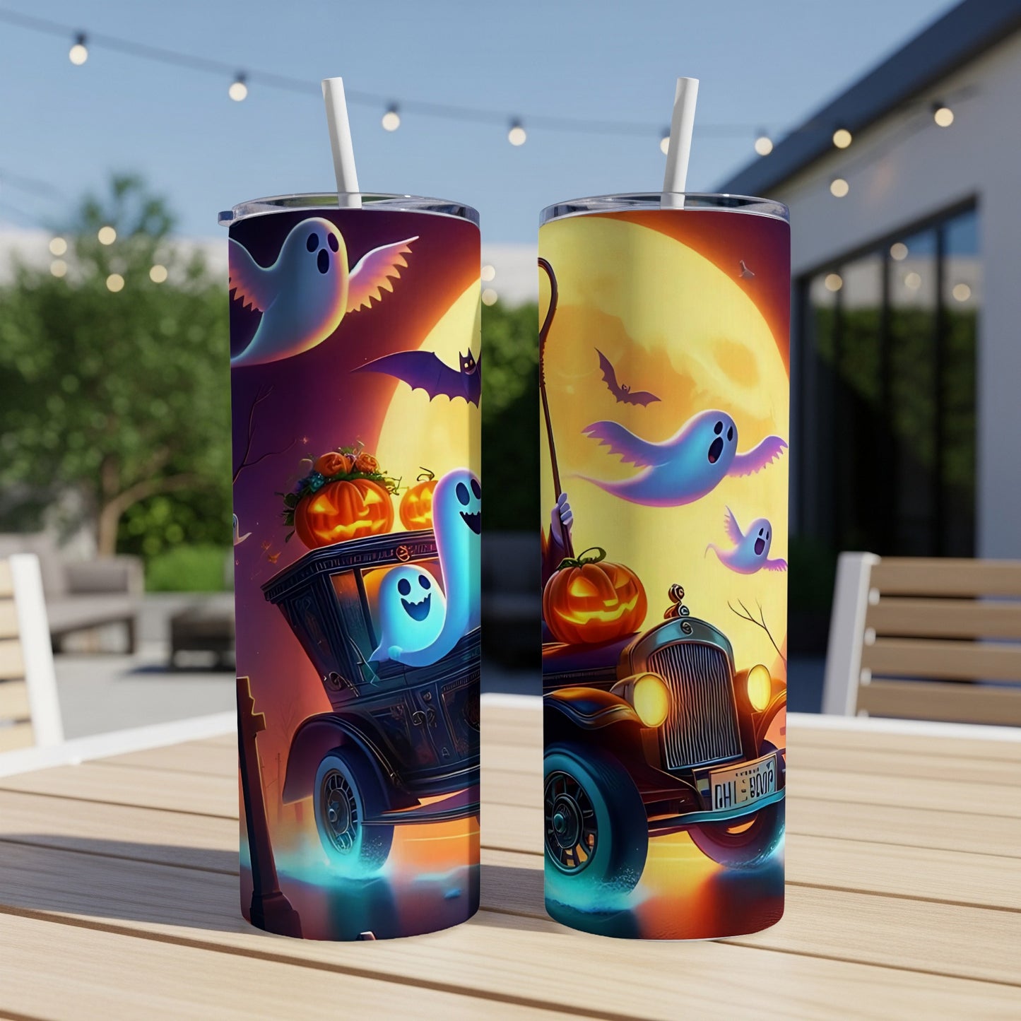Halloween tumblers with ghosts, pumpkins, and a vintage car under a full moon.