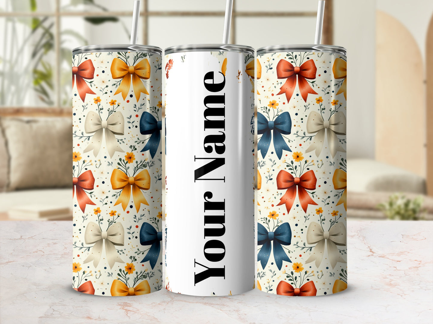 Personalized Floral Bow Patterned Tumbler with Straw