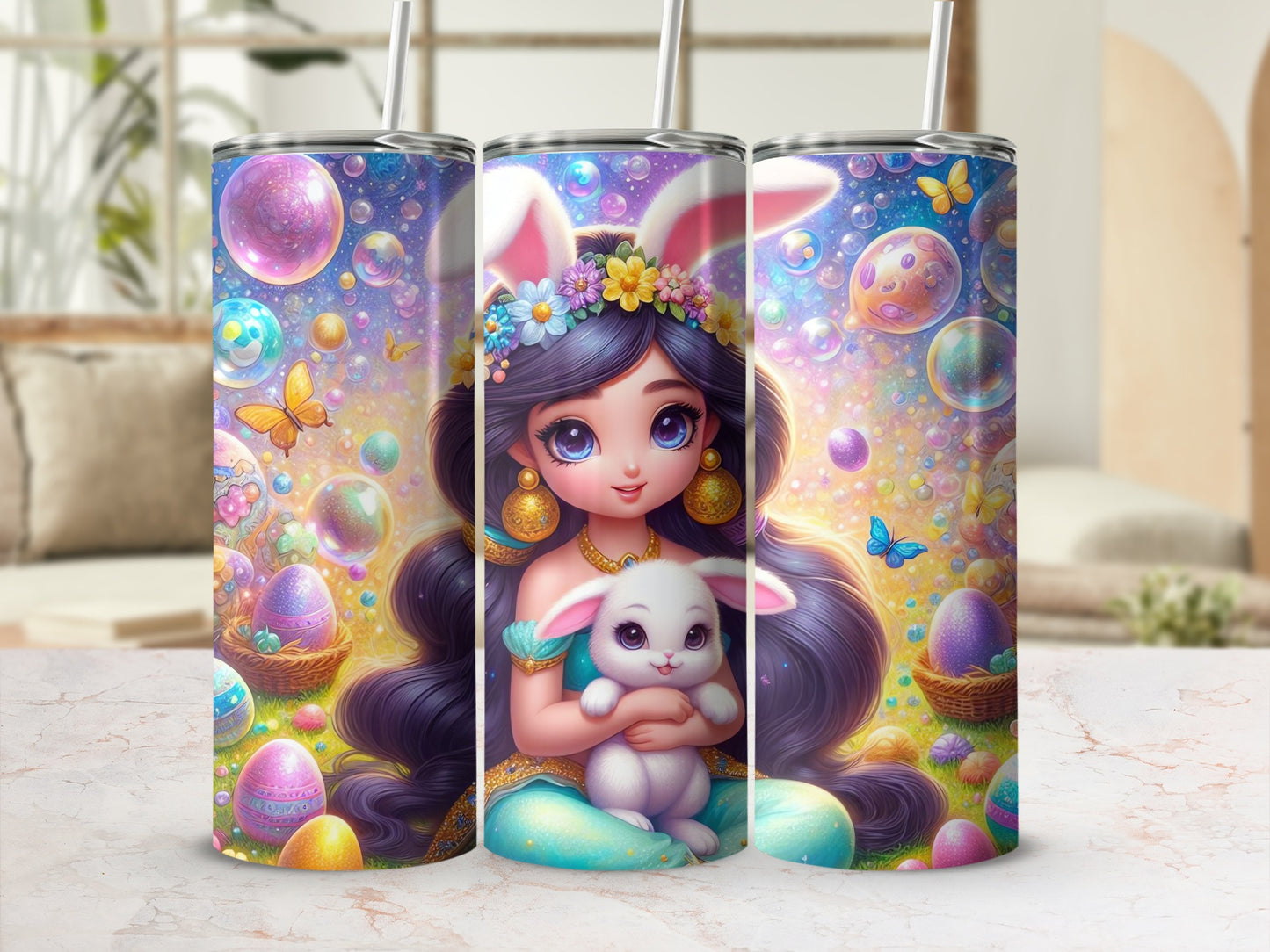 Fantasy Girl Holding White Bunny Easter Eggs Bubbles product type