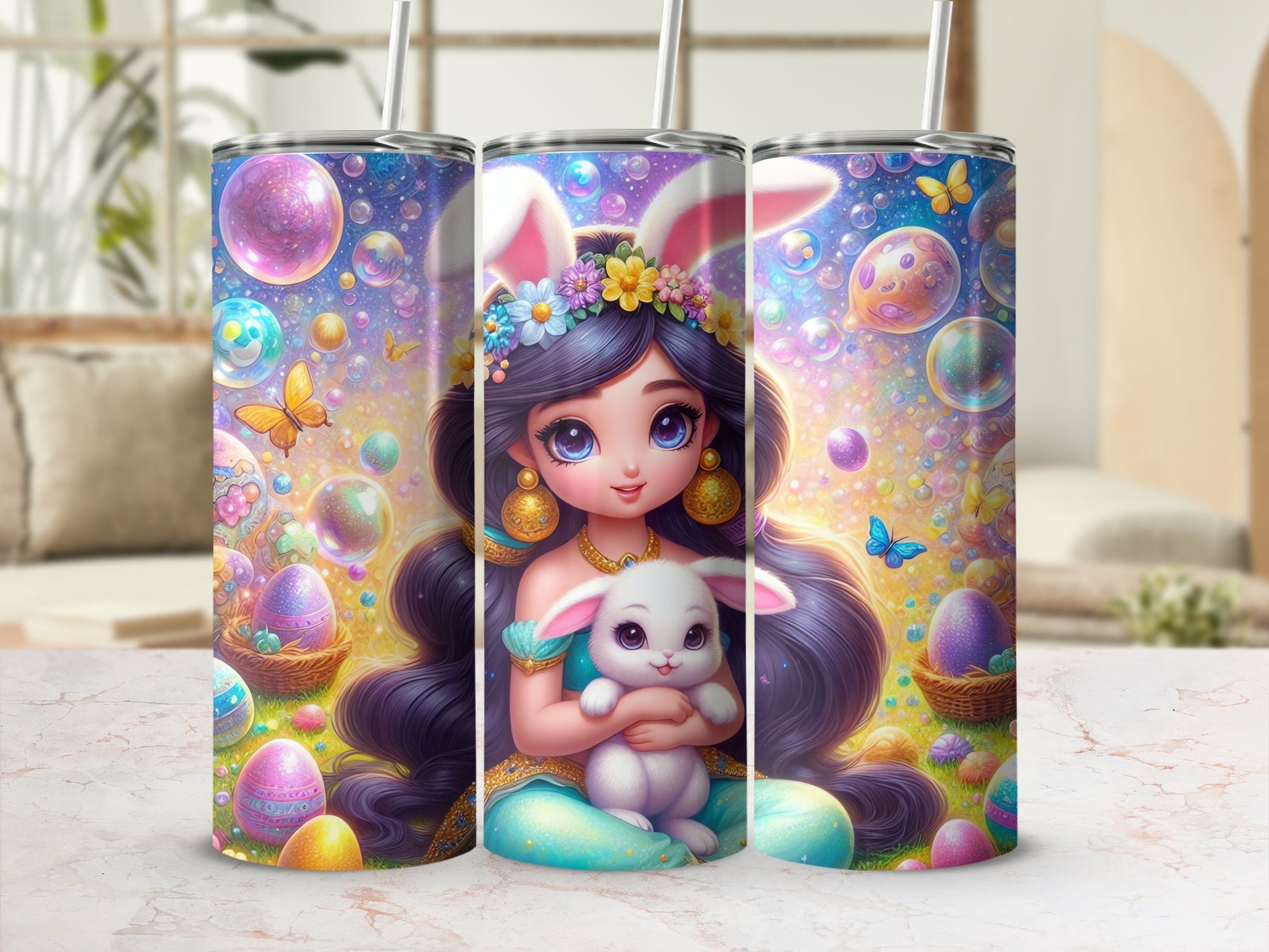 Fantasy Girl Holding White Bunny Easter Eggs Bubbles product type