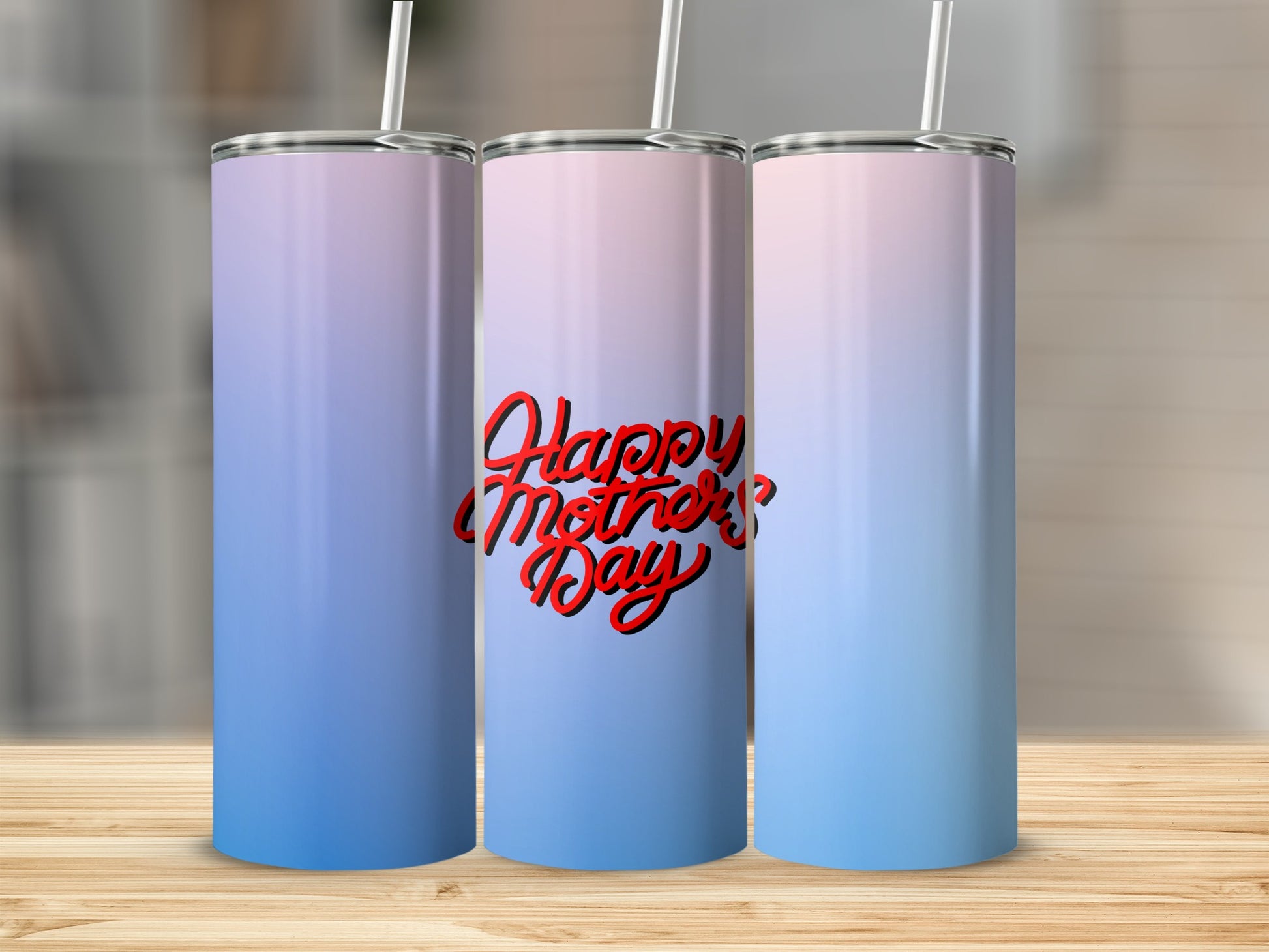 Three tumblers with a gradient of purple to blue, and "Happy Mother's Day" text.
