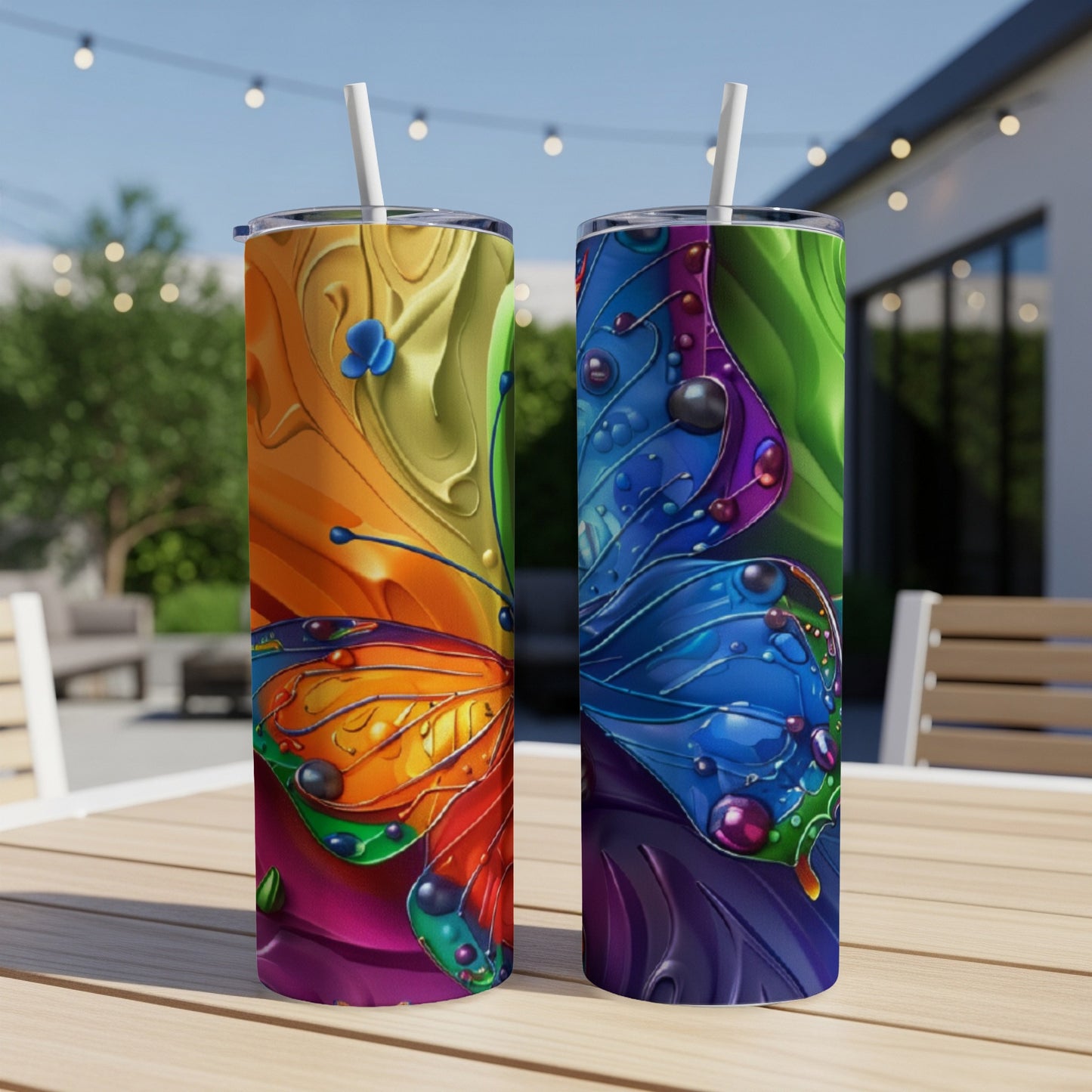 Two colorful tumblers with a butterfly design on a wooden table outdoors.